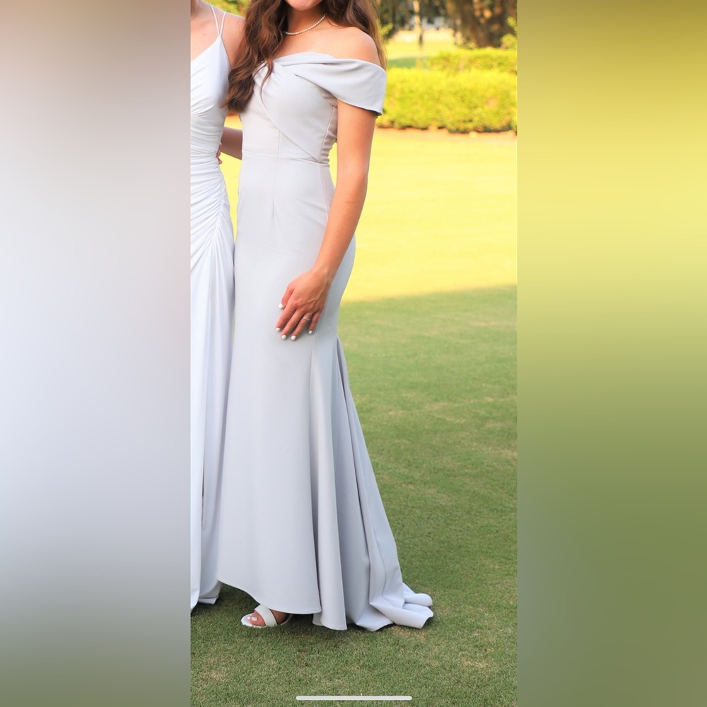Light grey, form fitting prom dress